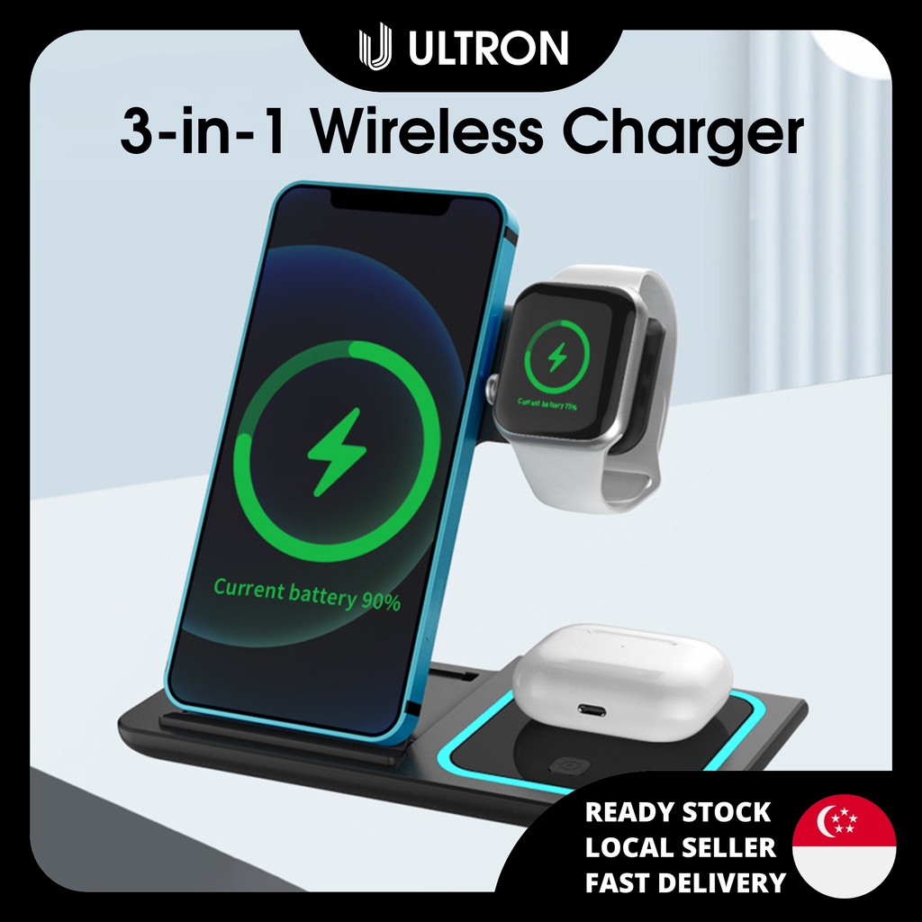 SG? | 3 in 1 Wireless Charger (For IPhone & Android) QC 3.0 Charging Dock Stand Smart Phone For Airpods For Apple Watch