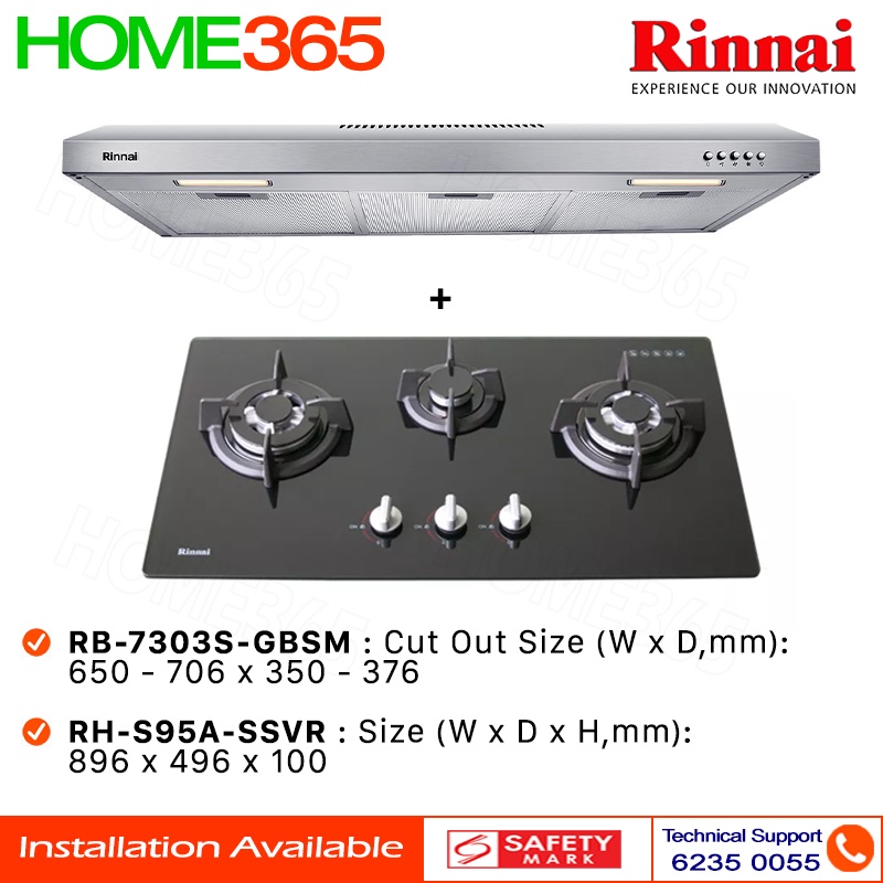Rinnai Slimline Hood 90cm RHS95ASSVR & BuiltIn Hob RB7303SGBSM