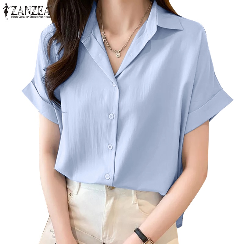 ZANZEA Women Lapel Short Sleeve Solid Color Button Down Formal Work ...