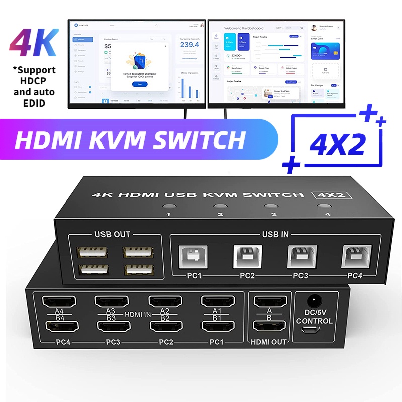 4 Port HDMI KVM Switch 4X2 Dual Monitor 4K60Hz Extended Display USB