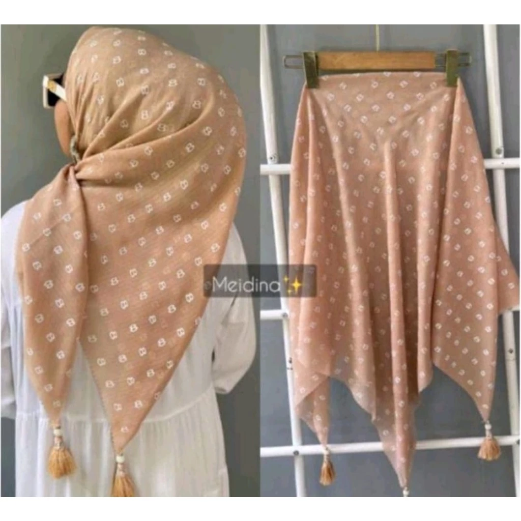 HIJAB SEGI EMPAT MOTIF 8 POMPOM / HIJAB SEGIEMPAT MOTIF 8 VIRAL/ SEGI EMPAT TASSEL MUTIARA - Gambar 2