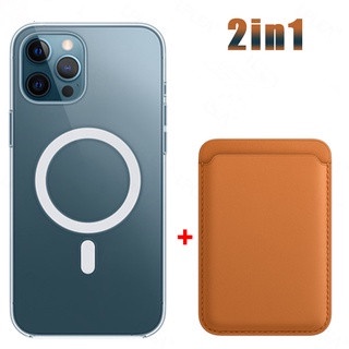 2in1 For Wireless Charging Magnetic Transparent Case For iPhone 14 12 11 13 Pro Max Casing With Leather Card Holder