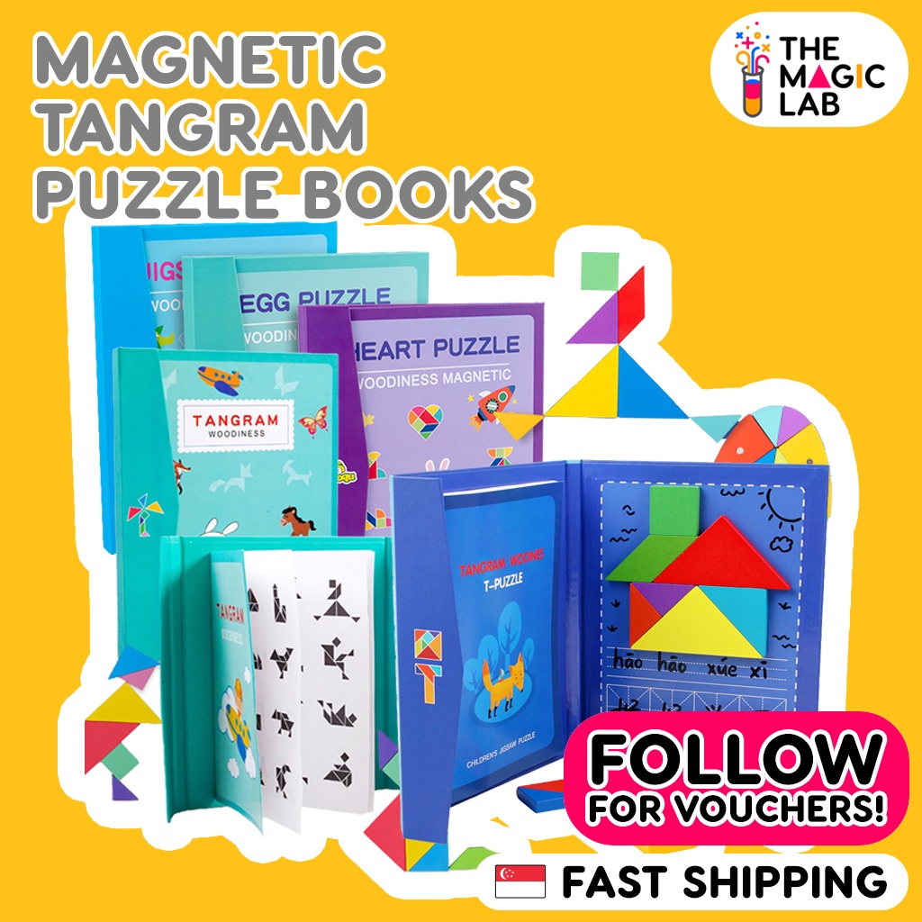 Wooden Pattern Tangram Magnetic Puzzle Shape Blocks Jigsaw Book Brain ...