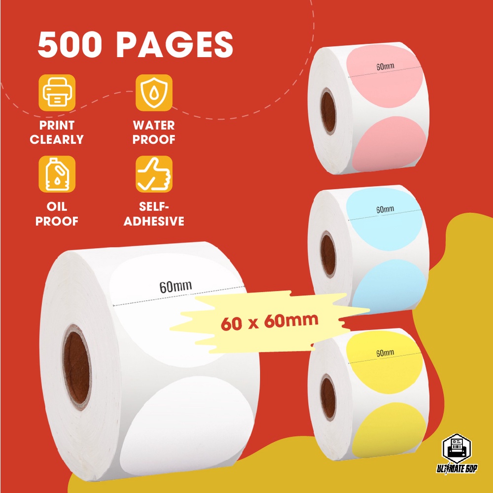 500 Pages 60x60mm Color Round Thermal Label Sticker Roll Ultimate