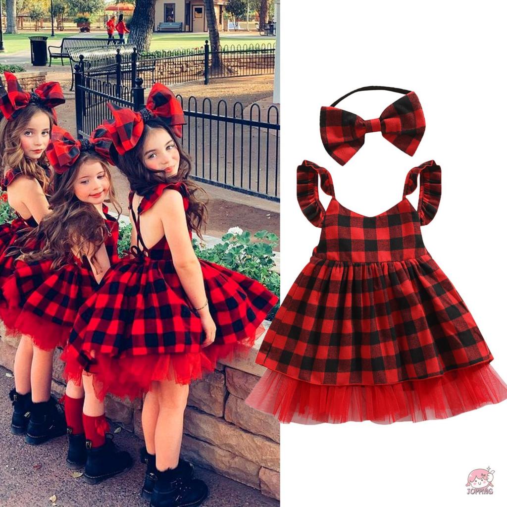 JOP Kids Girls Christmas Casual Red Plaid Printed Pattern Sleeveless Dress and Headdress Shopee Singapore