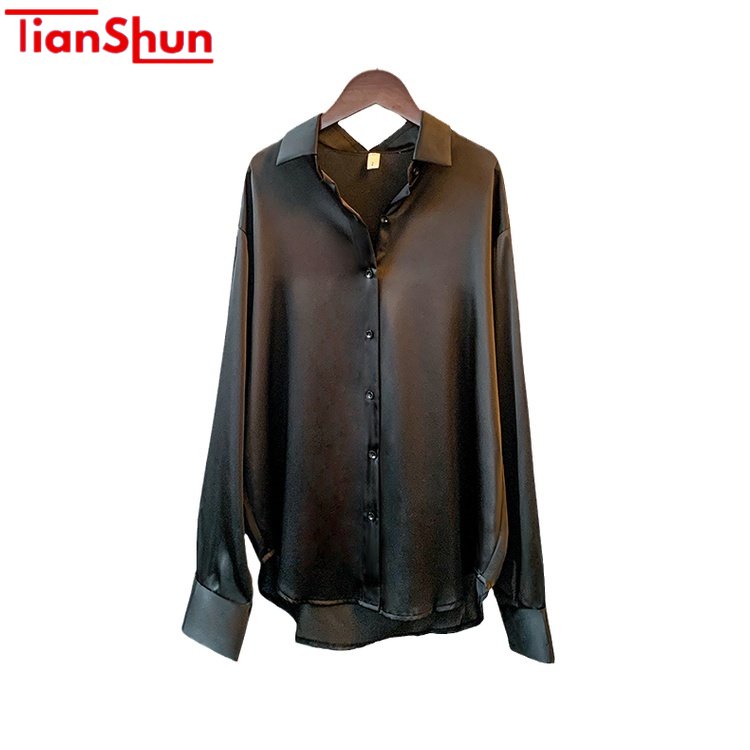 TianShun Satin Shirt for Women Black White Green Atasan Korea Kemeja Putih Hitam Kemeja Wanita
