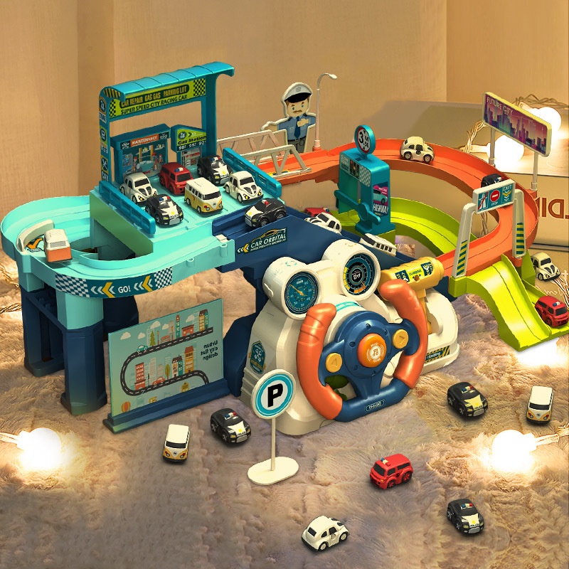 Rail car toy Electric car building parking lot Steering wheel traffic toy children adventure