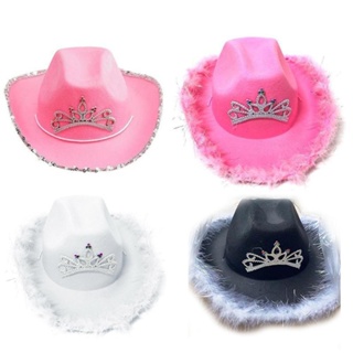 Cheap Western Style Cowboy Hat Pink Women Girls Birthday Party Caps With  Feather Sequins Decoration Crown Tiara Night Club Cowgirl Hats