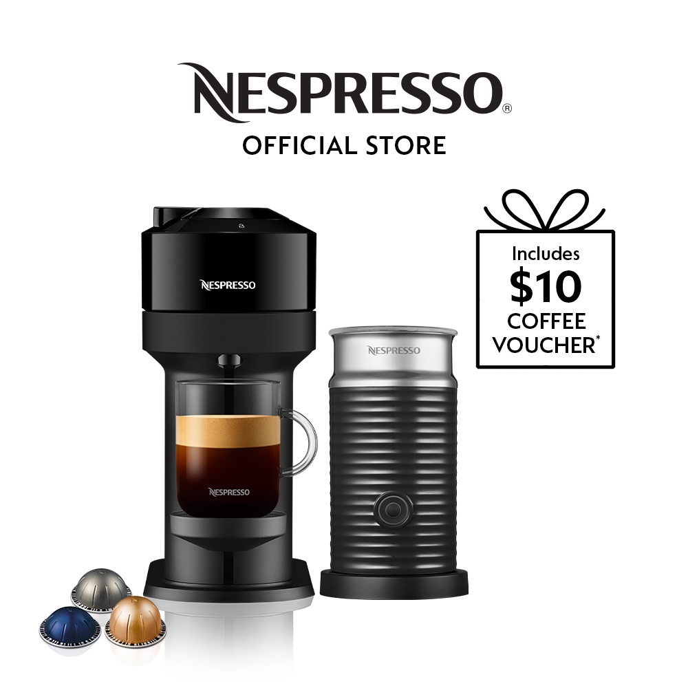 Nespresso® Vertuo Next Coffee Machine, Glossy Black & Aeroccino Milk Frother Bundle Shopee