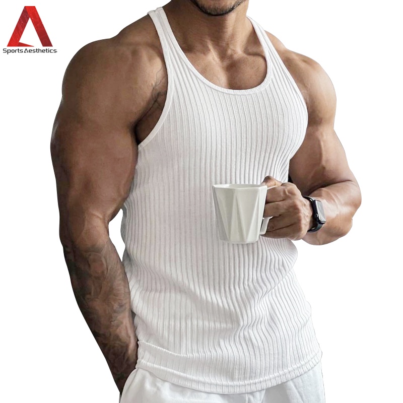 Men's Stretch Striped Racerback Tank Top Fitness Sports Breathable