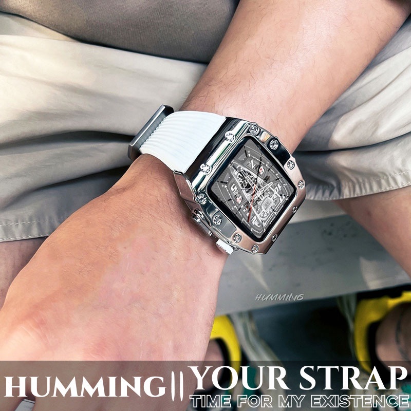 Modified RM Rubber Strap For Apple Watch Series 7 8 45mm Premium Glossy Metal Case For iwatch 6