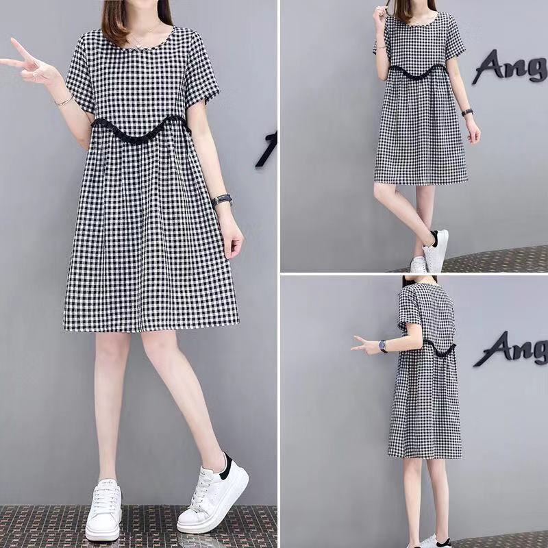 Dresses Women's Summer New Short Sleeved Checkered Midi Dress Large ...