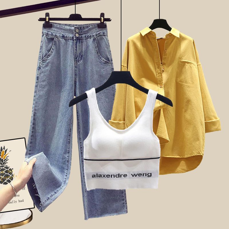 Plus Size Women's Korean Version 100kg Fat Sister Autumn Suit Women Loose Shirt Small Sling Wide-Leg Jeans Three-Piece