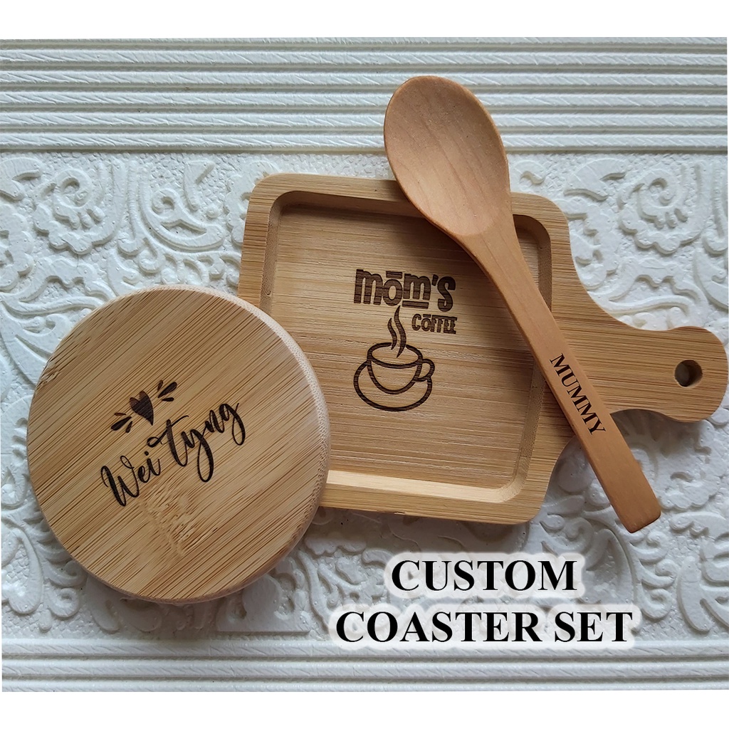 [SG SELLER] Engraved Custom Personalized Cup Coaster Set with spoon , Christmas Gift,Teacher's