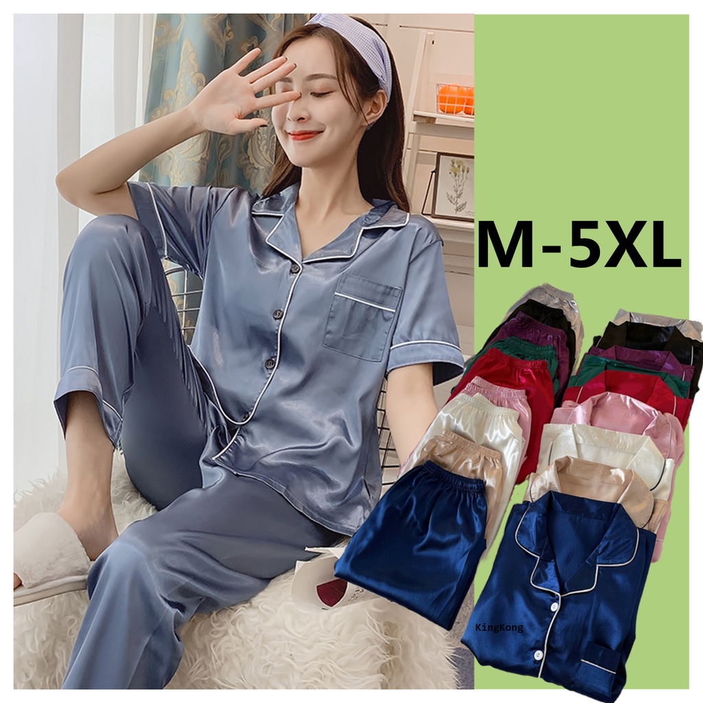 Silk Satin Short Sleeve Pyjamas Women Plain Simple style Pajamas Set ...