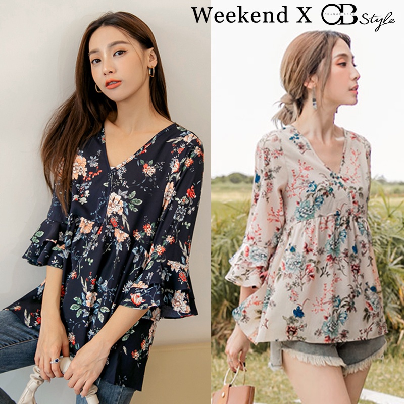 Weekend X Ob Design Women Ruffle Sleeve V-Neck Floral Print Chiffon ...