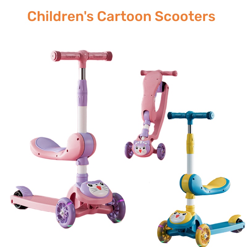Cartoon Scooters for Kids Adjustable Height  PU LED Light Up 3 Wheel for 3 to 14 Yrs