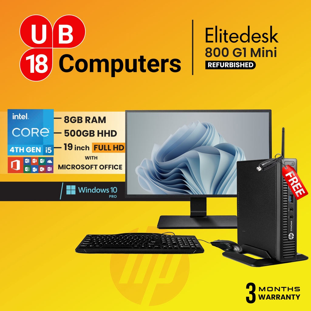 Hp Elitedesk 800 G1 Mini Full Set Desktop,  i5 4th Gen, Windows 10 Pro, MS Office with 19inch Monitor (Free Wifi-Adaptor
