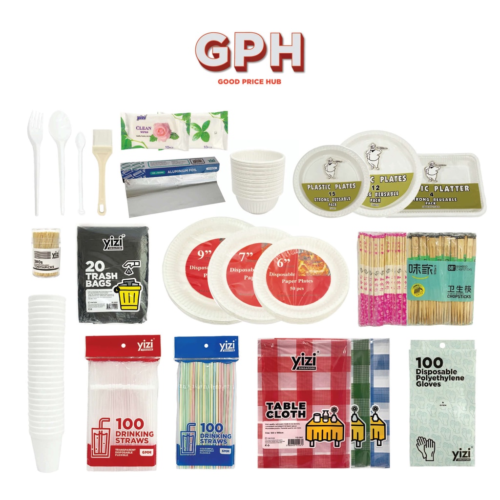 Party Supplies Disposable Plates, Bowl, Cup, Fork & Spoon, Garbage