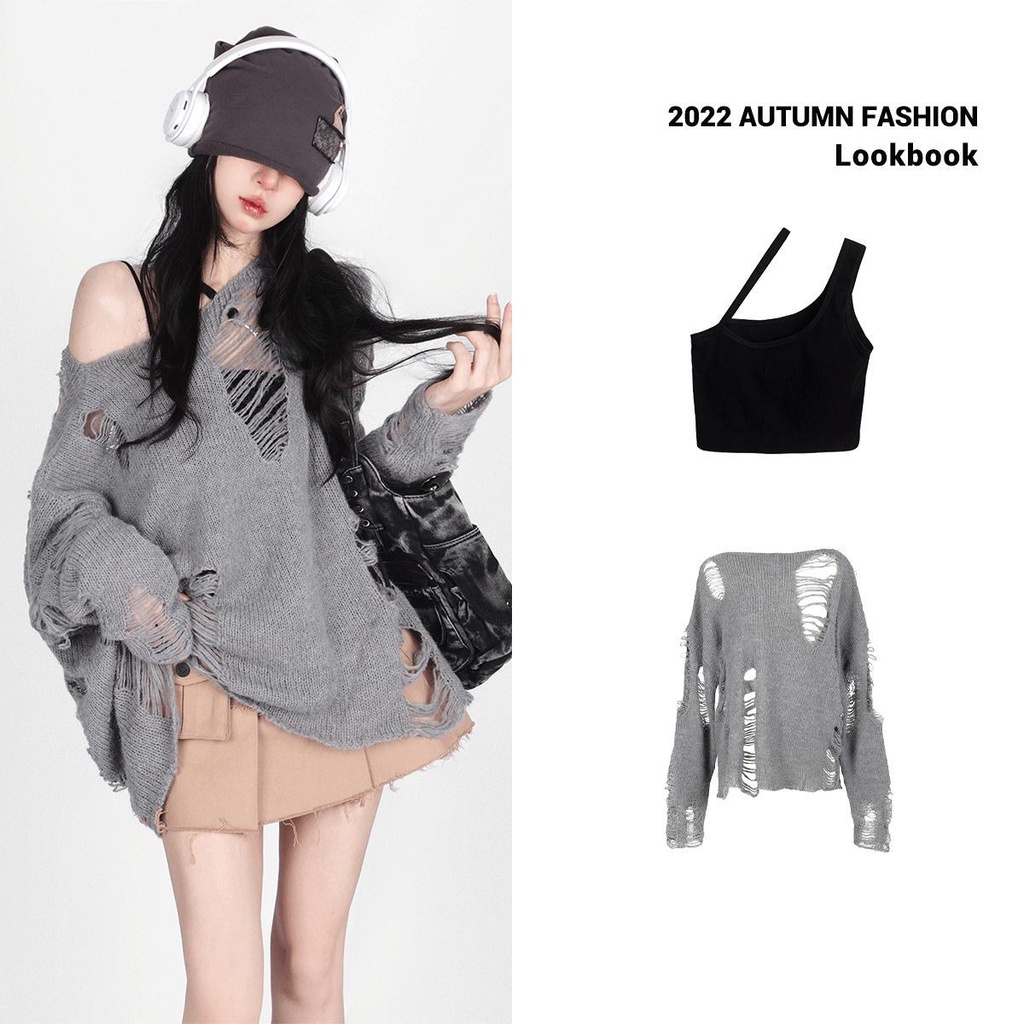y2k Clothing 2022 Early Autumn New Style Hot-Selling Japanese Sweater Women Loose Outer Wear Ripped Hollow Knitwear+Vest Two-Piece Suit