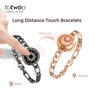 totwoo Sun and Moon Long Distance Touch Bracelets for Couples - Snake Chain - Black and Silver