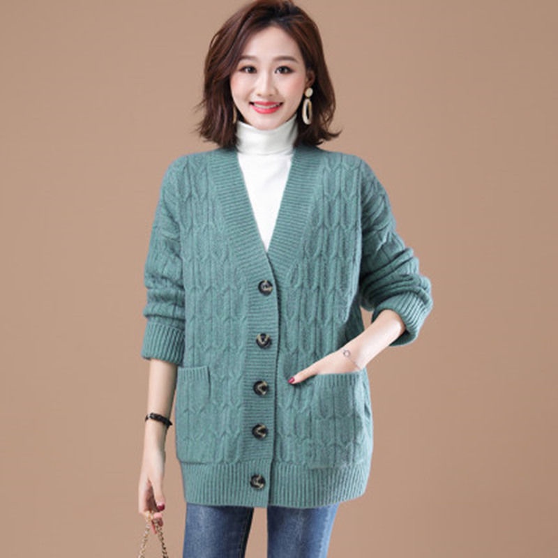 Knitted Cardigan Women Autumn Winter Lazy Style Outer V Neck Loose