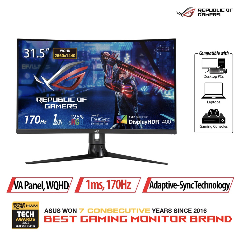 ASUS ROG Strix XG32VC Gaming Monitor, 31.5 inch WQHD (2560 x 1440 ...