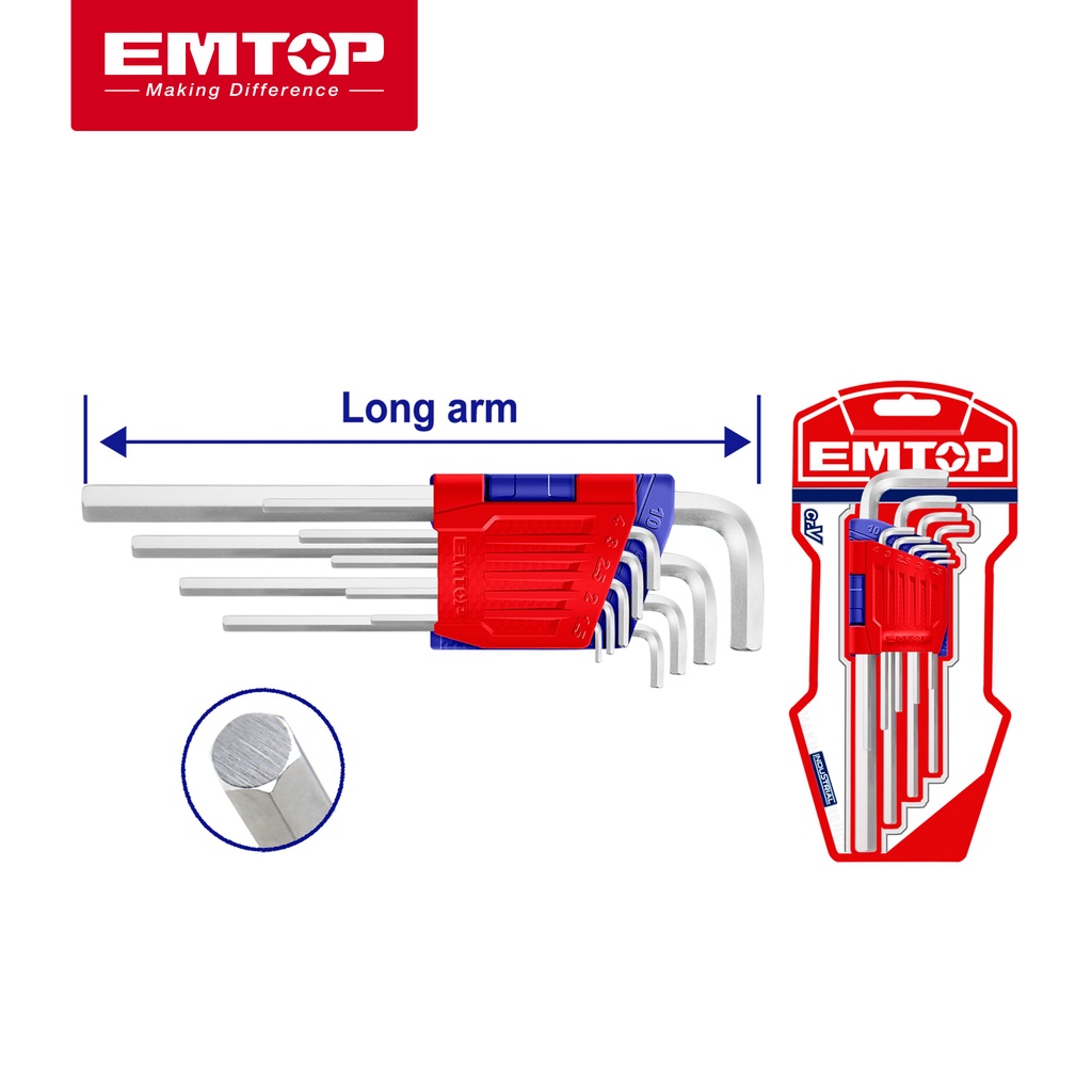 EMTOP 9pcs Portable Long arm Hex Key  L Type Wrench Set Hexagon Spanner Tool Kit EHKY1091