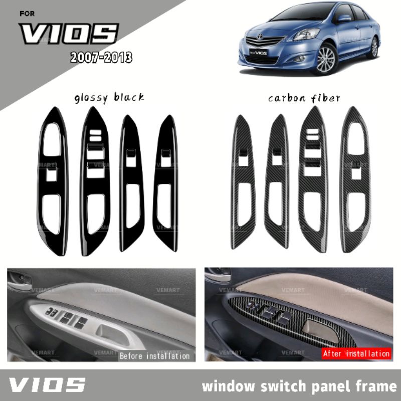 Vemart toyota vios dugong ncp93 20082013 carbon fiber car power window switch frame panel cover