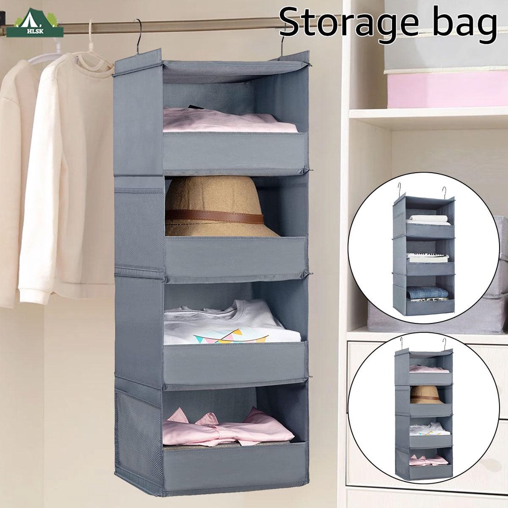 3/4 Tier Hanging Wardrobe Organizer Collapsible Closet Hanging Shelves