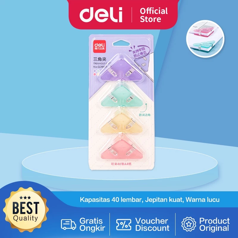 Deli Triangle Clip / Paper Clip / Penjepit Sudut Kertas Kapasitas 40 Lembar A4 QJ8530 - Gambar 2