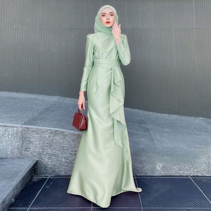 elegant dress muslimah Elegant Muslim Evening Dresses High Neck Long Sleeves Sky Blue Satin Prom  Gowns