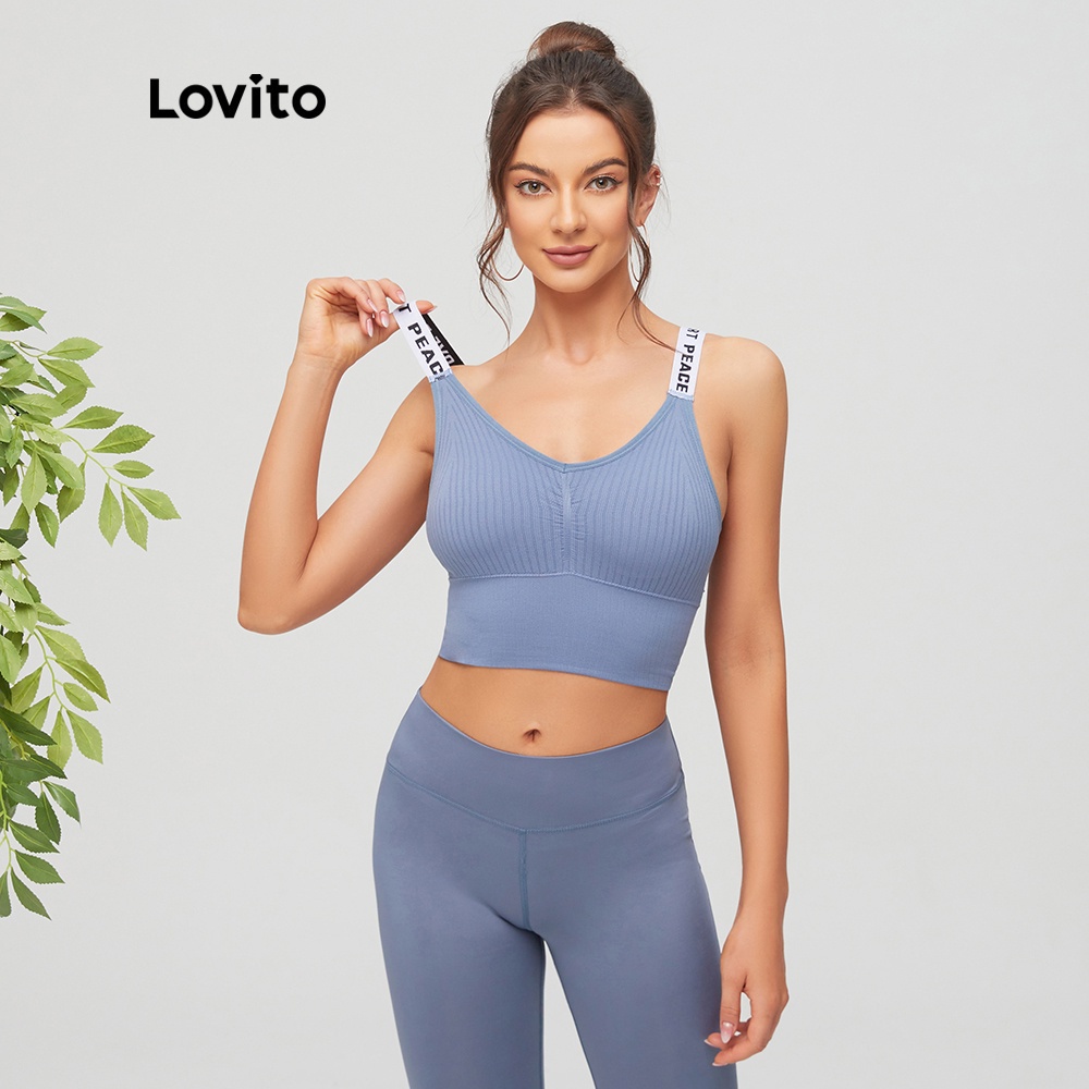 Lovito Letter Print Ruched V Neck Yoga Bras for Women L11085 (Blue)