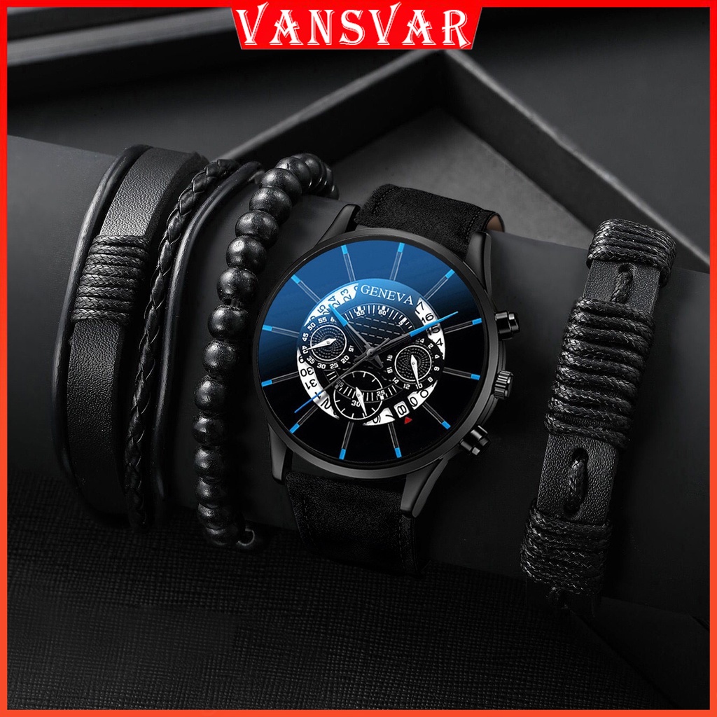GENEVA Fashion Men Watch Bracelet 4Pcs Set Business Black Leather Men's
