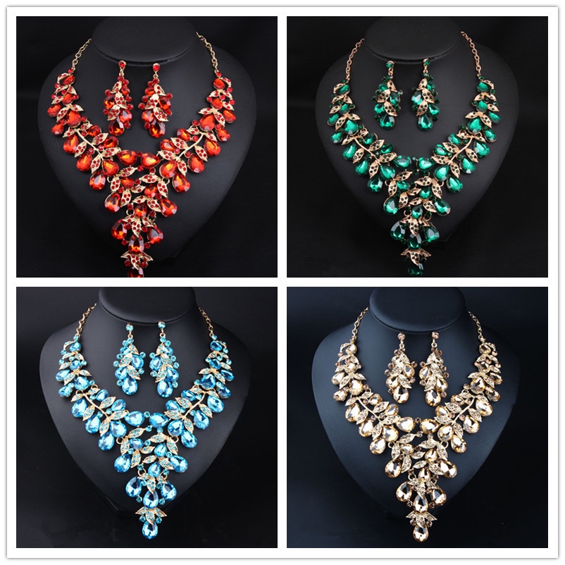 Women Luxury Jewellery Bridal Jewelry Set Gold Crystal Party Wedding Prom Necklace Earring Set Gift For Women