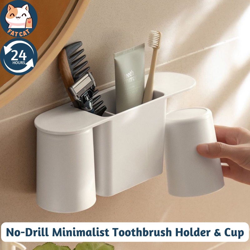 [SG Stock] No-Drill Minimalist Toothbrush Toothpaste Holder and Cup Bathroom Storage No Drill