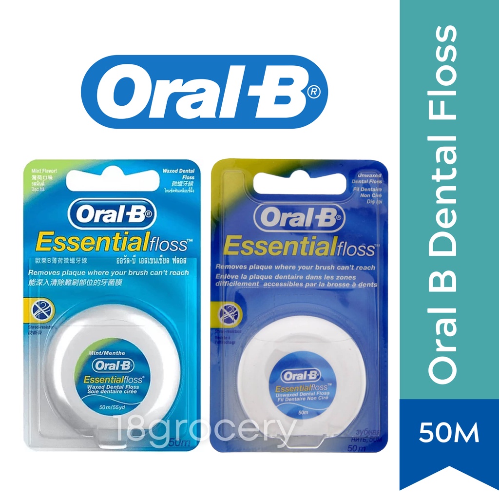 Oral B Dental Floss Unwaxed / Waxed Mint, 50M | Removes Plaque-Bacteria ...