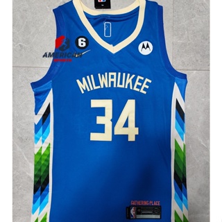 High Quality】2022-23 Men's New Original NBA Milwaukee Bucks #34 Giannis  Antetokounmpo City Edition Blue Jersey Swingman Heat-pressed
