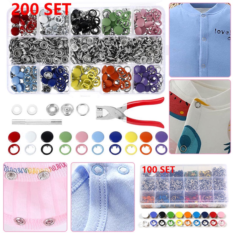 100/200pc Set Snap Buttons Snap Fasteners 10Color Metal Sewing Buttons