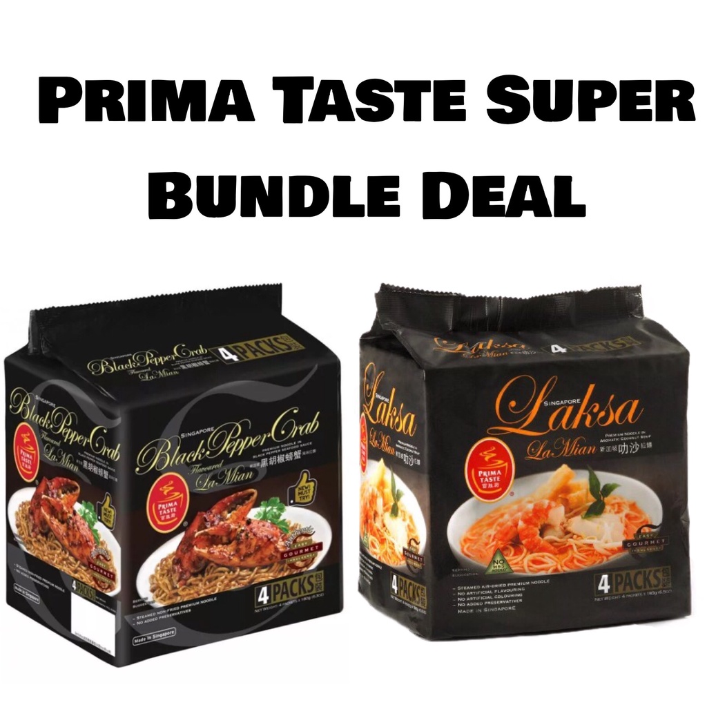 Prima Taste Super Bundle La Mian Premium Instant Noodles Laksa 185g x 4 + Black Pepper Crab