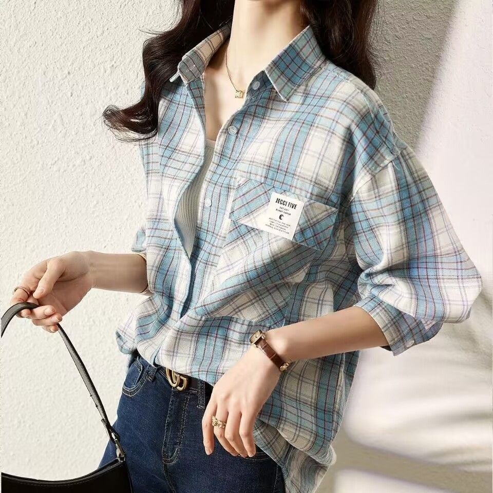 Cotton shirt mid-length plaid shirt women loose tops summer fashion tops jacket