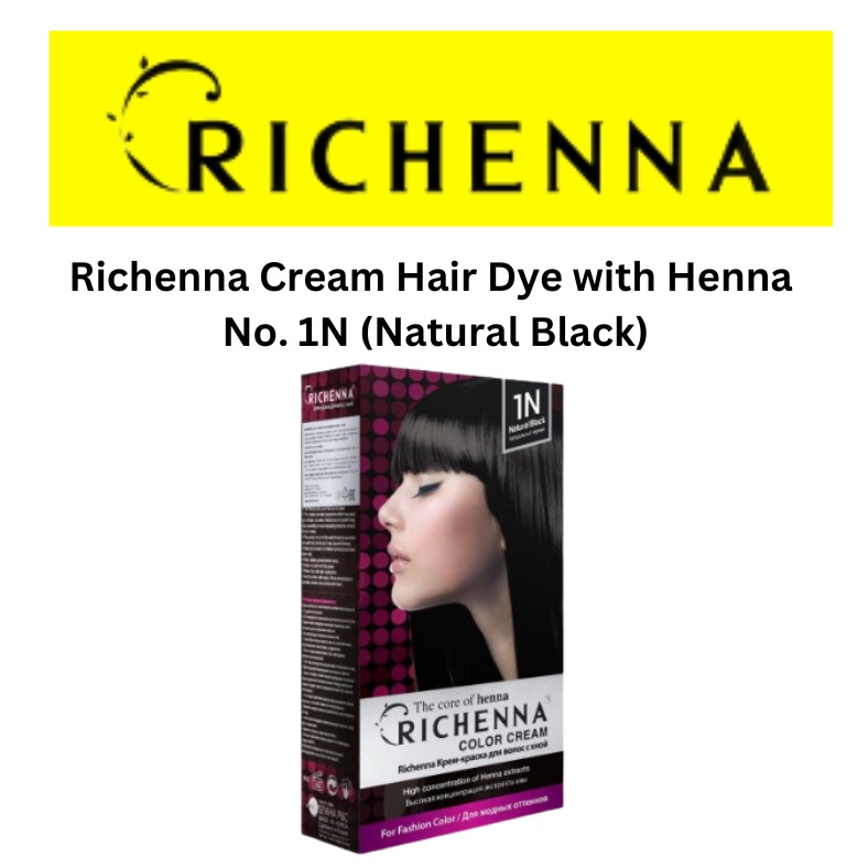 Richenna Cream Hair Dye with Henna No. 1N (Natural Black) 120g x Made
