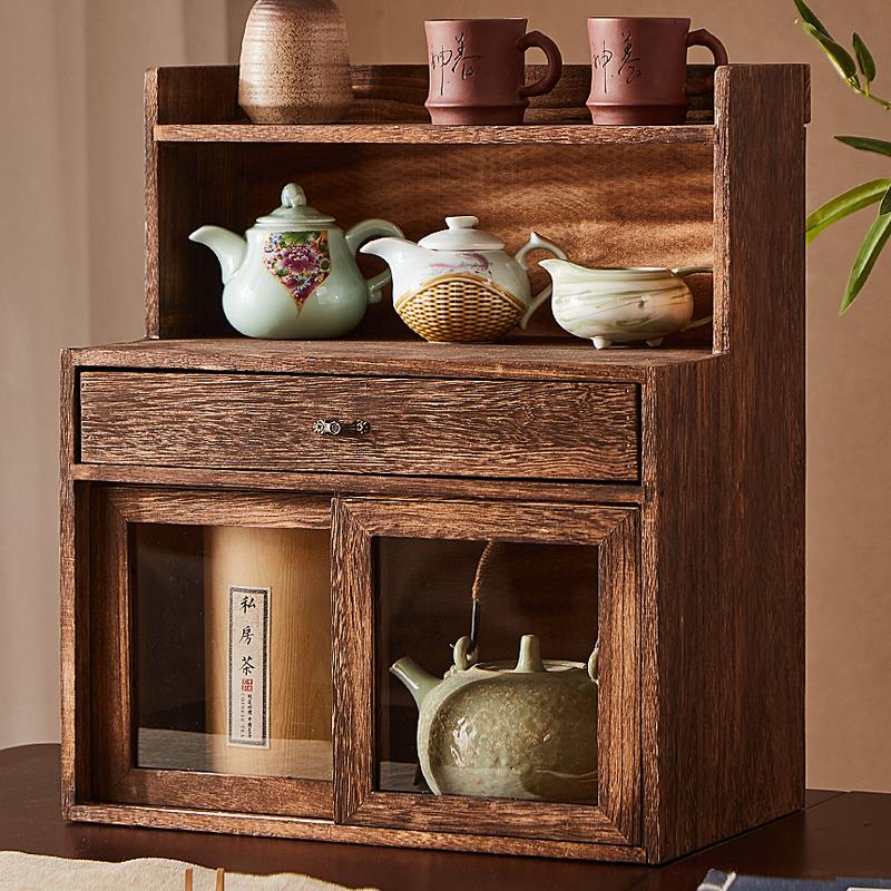 Solid wood tea set storage cabinet tea cabinet desktop cup holder ...