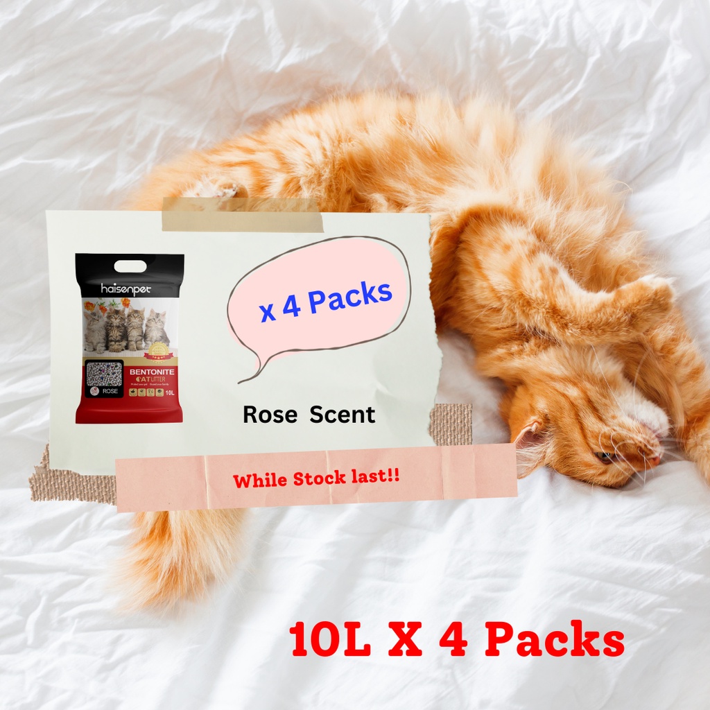 Haisen Pet Bentonite Clay Cat Litter 10L Bag Rose Scent (4 Packs
