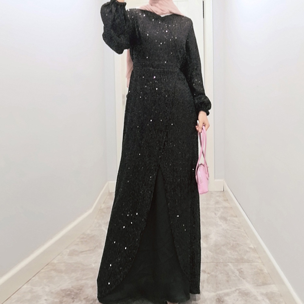 dress glitter muslimah Jet Black Sequin Midi Dress main image 0
