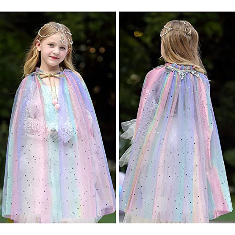 Girls Cape with Tiara Crown Wand Jewelry Set Princess Cloak for Little ...