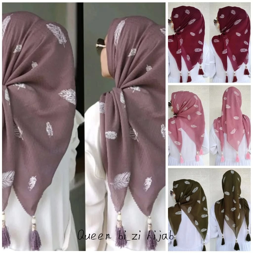 JILBAB SEGI EMPAT MOTIF BULU MERAK TASSEL MUTIARA / HIJAB SEGI EMPAT LASER VOAL OSKARA POMPOM - Gambar 2