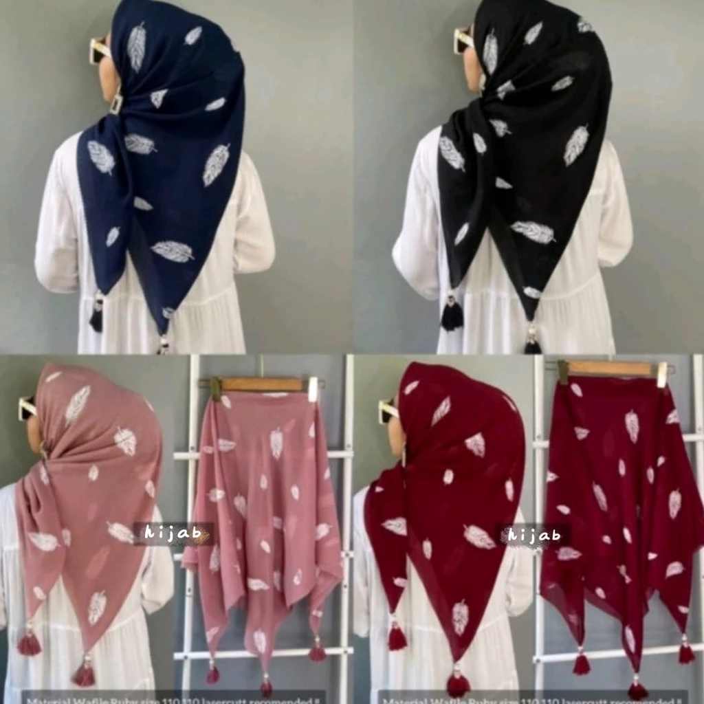 JILBAB SEGI EMPAT MOTIF BULU MERAK TASSEL MUTIARA / HIJAB SEGI EMPAT LASER VOAL OSKARA POMPOM - Gambar 3