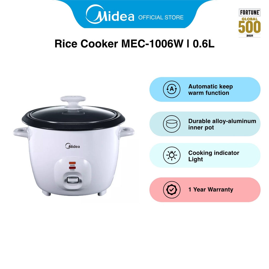 Midea MEC1006W White Automatic Keep Warm Function Rice Cooker, 0.6L