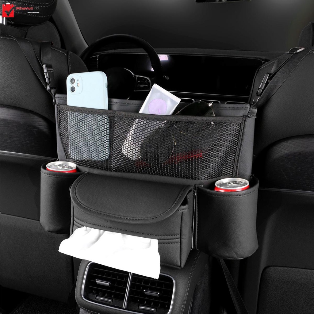 Car Seat Back Organizer Durable Leather Car Handbag Holder Between Seats With 2 Cup Holders 